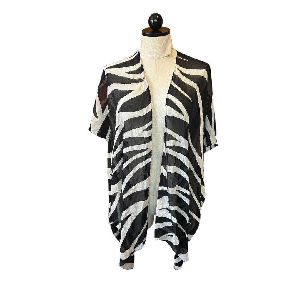Chico's Size OS Semi-Sheer Black & Cream Zebra Striped Open Shrug Kimono